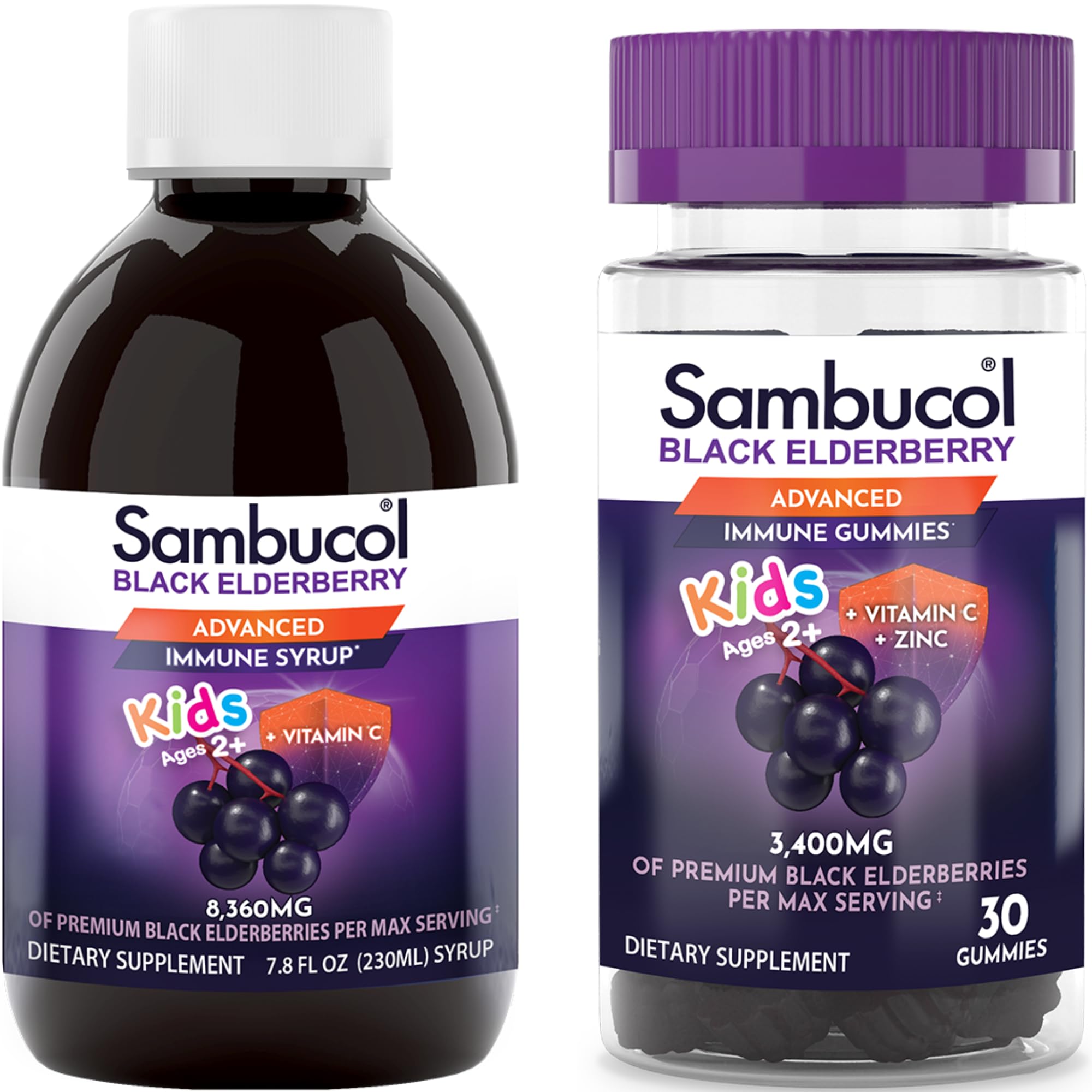 Sambucol Black Elderberry Syrup and Gummies for Kids - Elderberry Syrup Kids Kids Elderberry Gummies Black Elderberry Syrup for Kids Sambucus Kids - 7.8 Fl Oz 30 Gummies Bundle