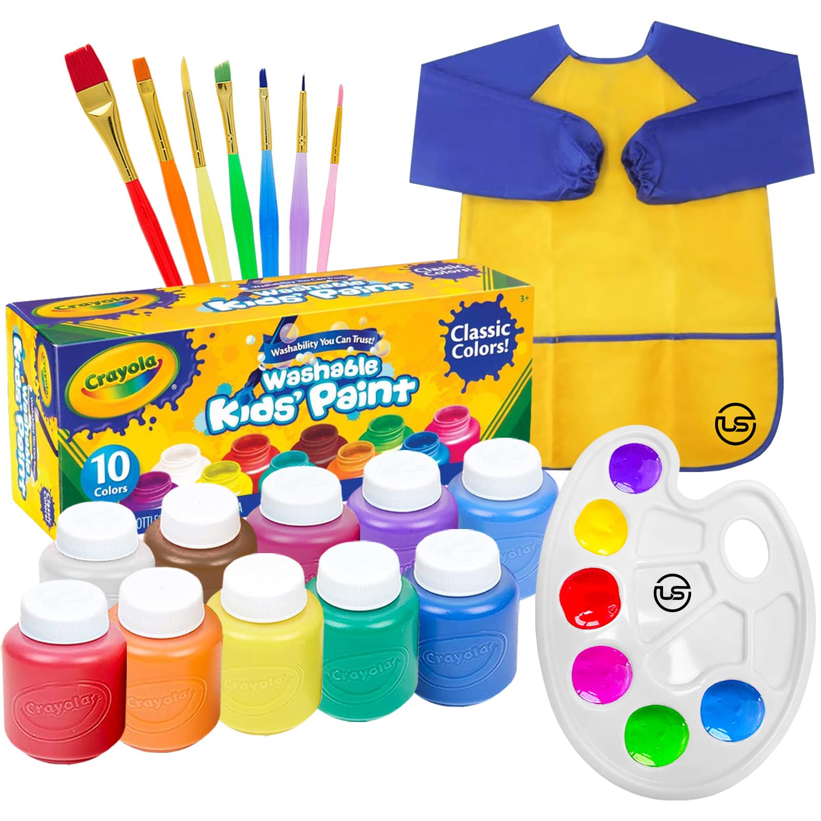 Washable Kids Paint Set 10 ct 7 Paint Brushes for Kids Paint Pallet Toddler Smock – Washable Paint for Kids Kids Paint Supplies Washable Paint