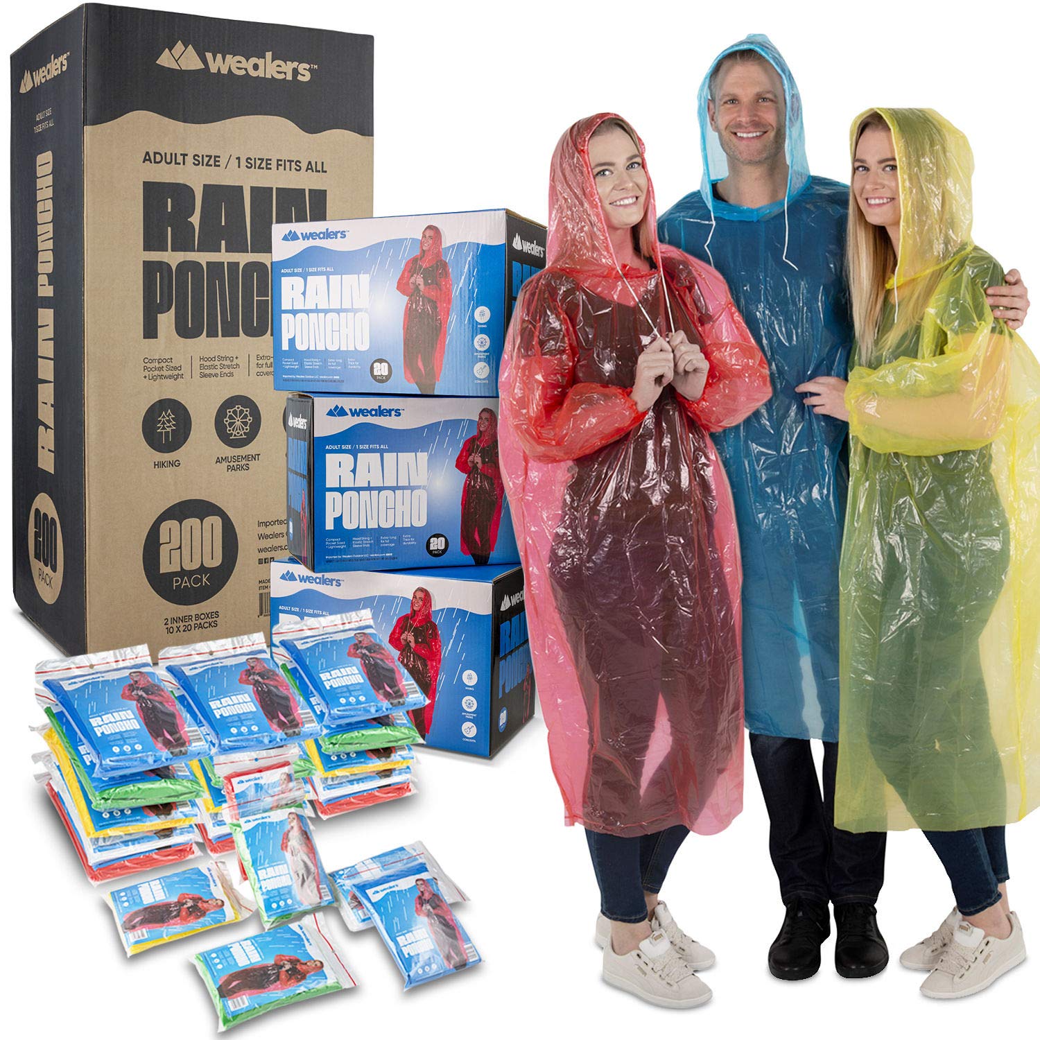 Wealers Rain Poncho Bulk Family Pack Thick Disposable Ponchos for Adults Teens for Women Men Emergency Raincoat with Hood Strings & Sleeves for Theme Parks Camping Outdoors Multi Colors Waterproof