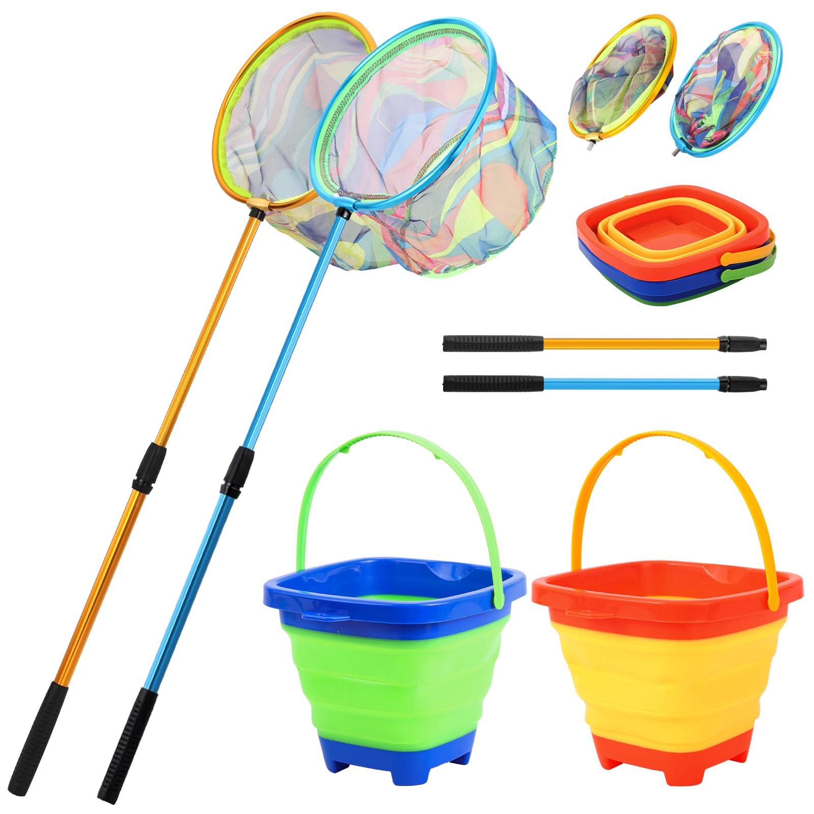 2 Pack Kids Fishing Net Telescopic Landing Nets with Aluminum Pole Handle Collapsible Kids Bucket Sand Pail Butterfly Net for Kids Kids Fishing Gear for Kids Youth Outdoor Playing