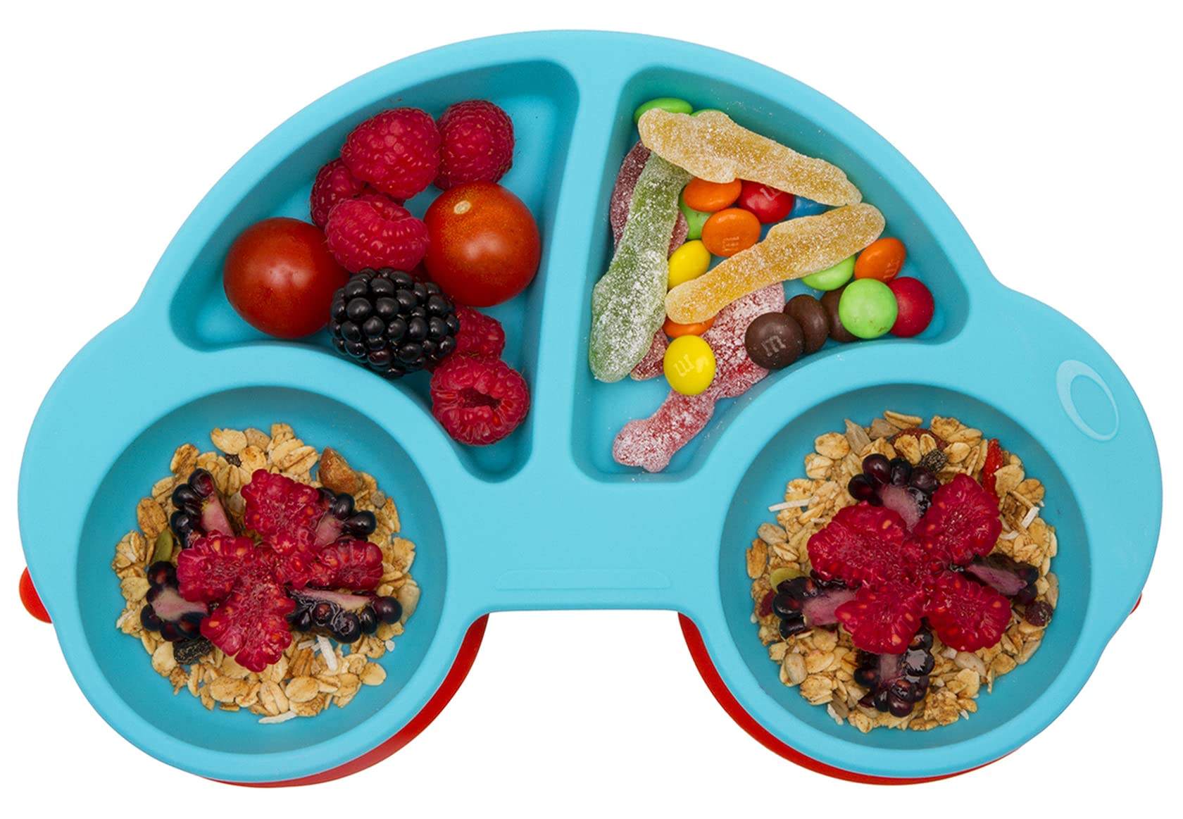 AUNEOS Silicone Divided Toddler Plates - Portable Non Slip Suction Feeding Plates for Children Babies and Kids BPA Free Baby Dinner Plate (Car-Blue)