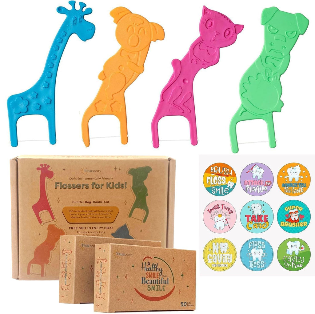 Biodegradable Kids Flossers -100 Pack Natural Kids Floss Picks Fluoride Free Biodegradable Floss Pick Organic Animal Kids Dental Floss Picks Dental Floss Sticks for Kids - (Mild Orange)