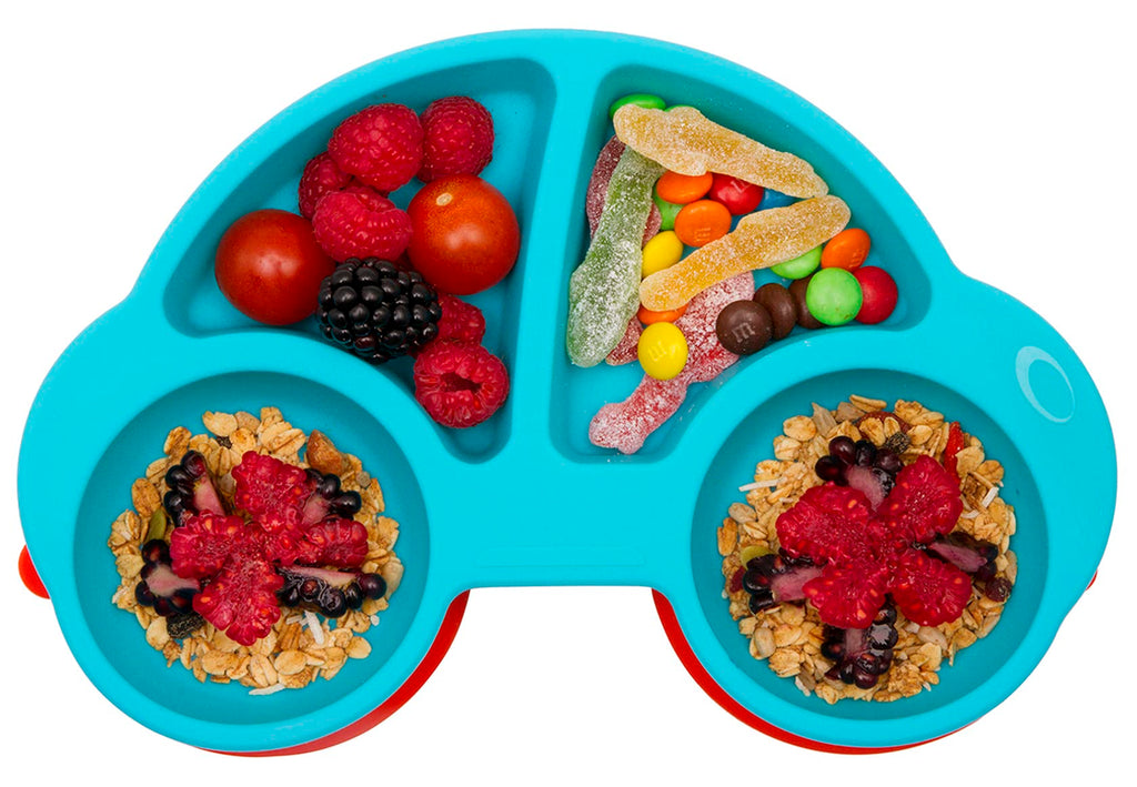 AUNEOS Silicone Divided Toddler Plates - Portable Non Slip Suction Feeding Plates for Children Babies and Kids BPA Free Baby Dinner Plate (Car-Blue)