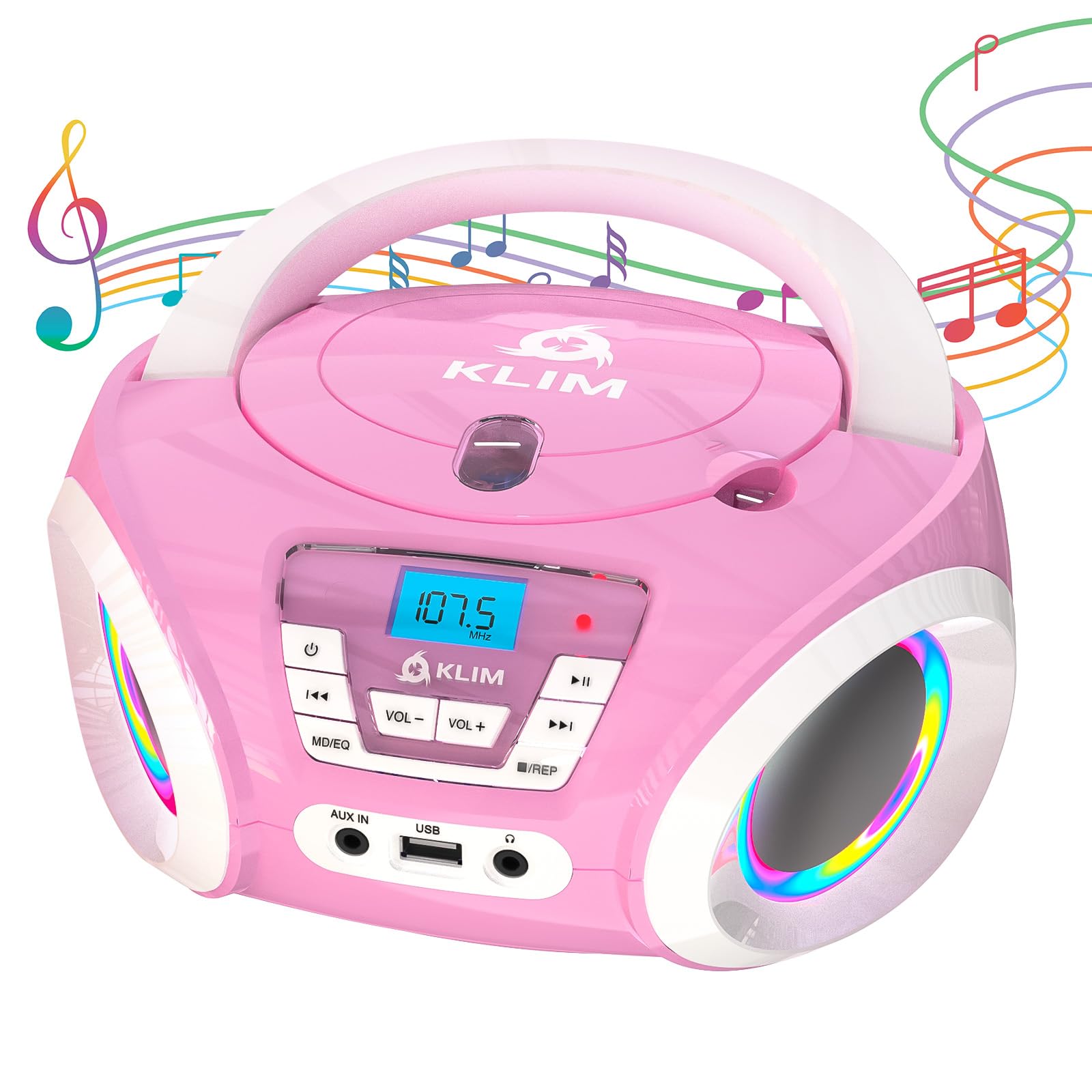 KLIM Candy Kids Portable CD Player for Kids - FM Radio - Batteries Included - CD Boombox for Kids - Cute Pink Radio cd Player with Speakers for Kids and Toddlers - Pink