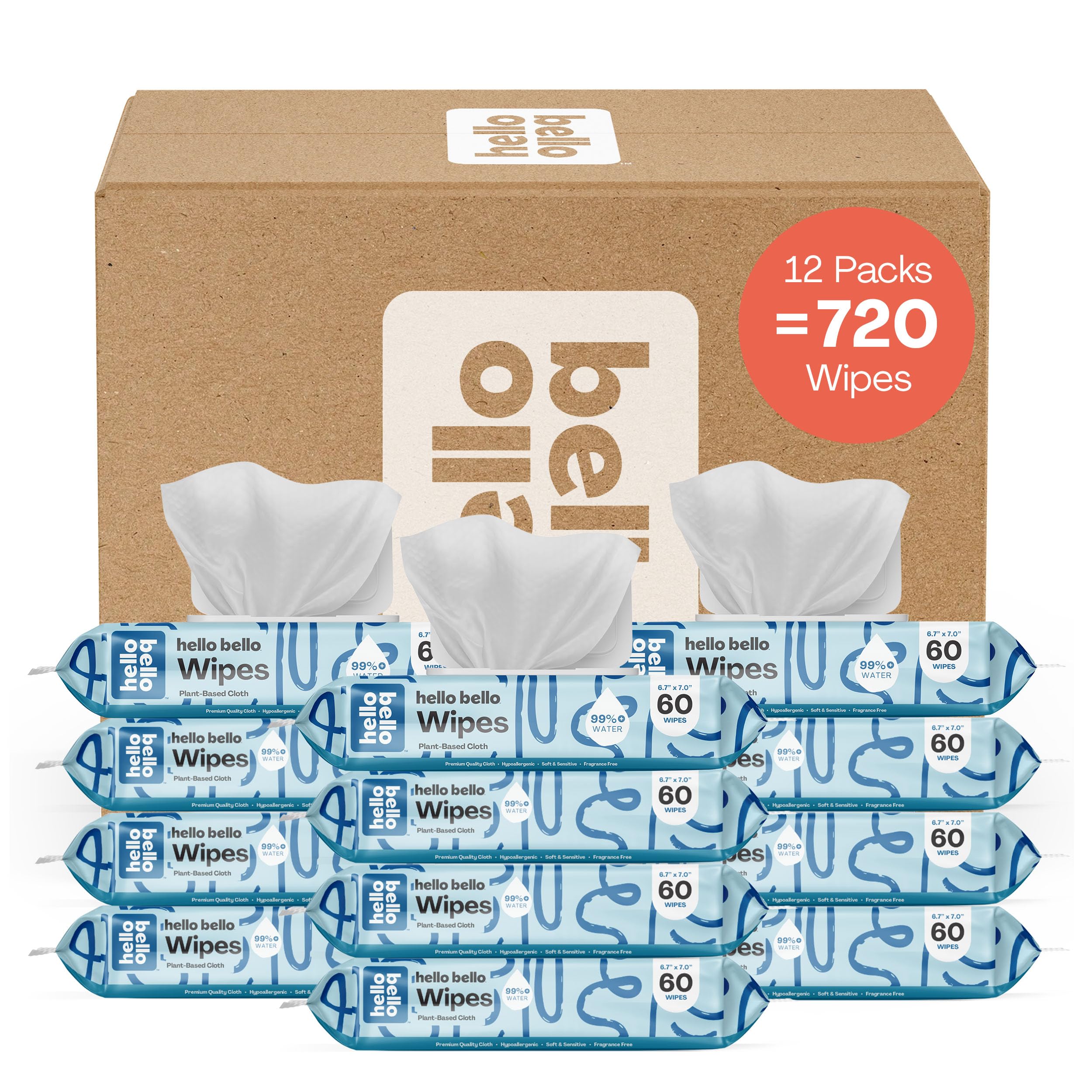 Hello Bello Extra Gentle Unscented Baby Wipes - Plant Based - Made with 99% Water and Aloe for Babies and Kids - 720 Count
