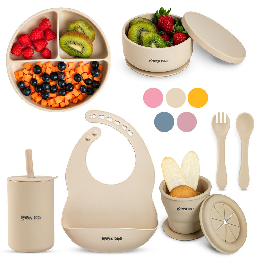 Bouncy Baby Silicone Baby Feeding Set 8 PCS Baby Led Weaning Supplies with Baby Plates and Utensils Set Baby Spoon and Fork Adjustable Bib Baby Silicone Feeding Set (Beige)