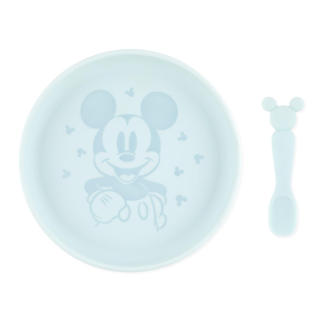 Bumkins Disney Baby and Toddler Plate and Spoon Set Silicone Dish for Babies and Kids Baby Led Weaning Children Feeding Supplies Microwave Safe Platinum Silicone Ages 6 Months Up Mickey Mouse