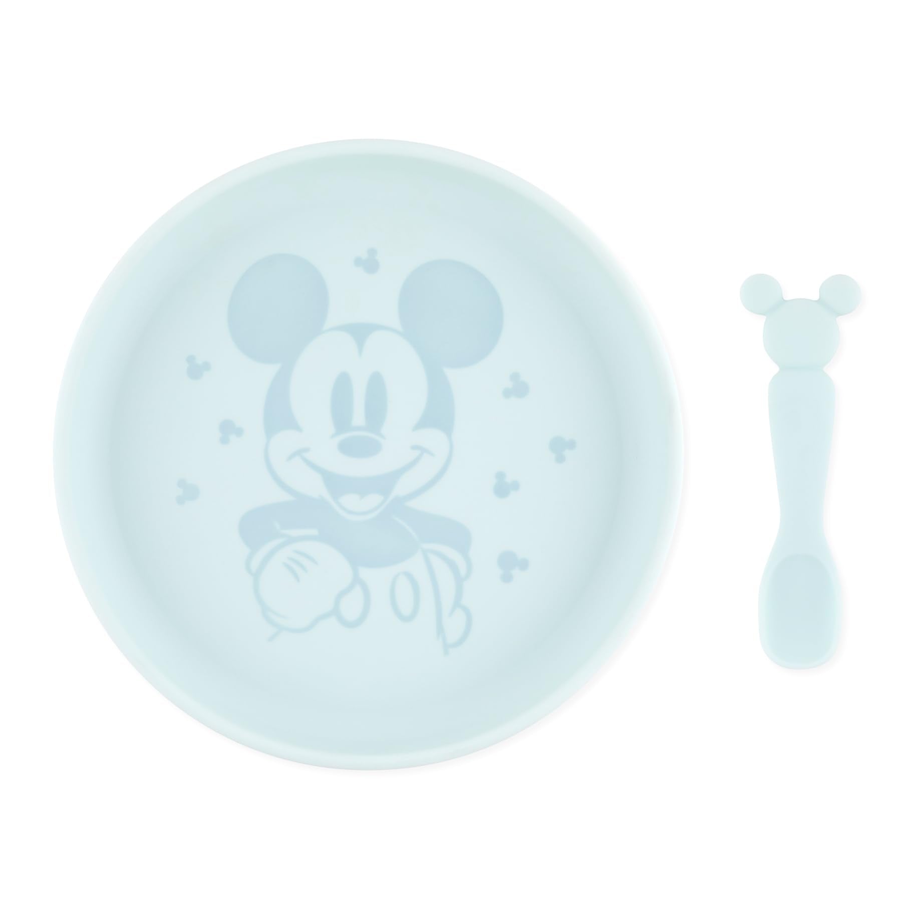 Bumkins Disney Baby and Toddler Plate and Spoon Set Silicone Dish for Babies and Kids Baby Led Weaning Children Feeding Supplies Microwave Safe Platinum Silicone Ages 6 Months Up Mickey Mouse